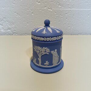 Wedgwood Blue Jasperware Lidded Jar with White Motif